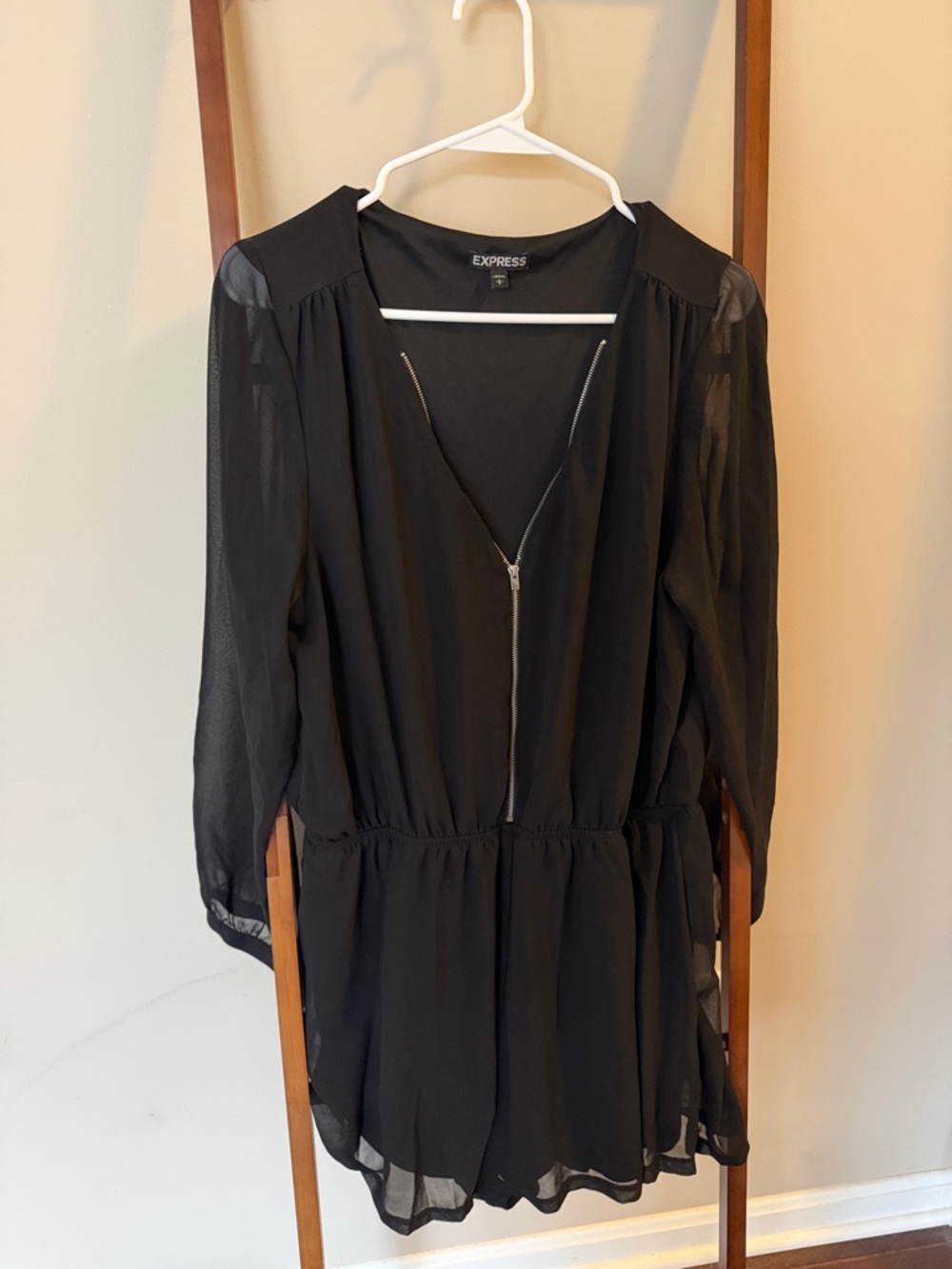 Express Black Long-Sleeve V-Neck Zip Romper Dress